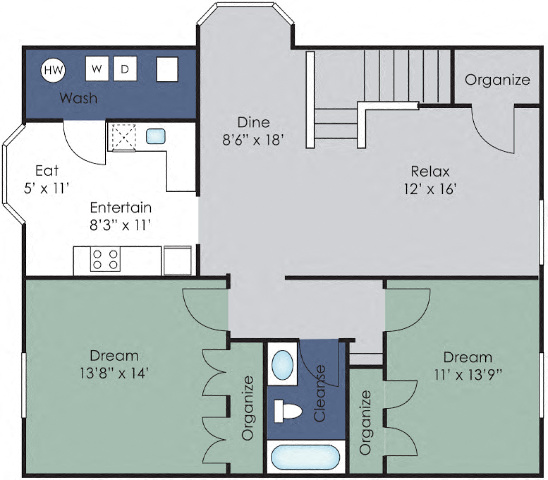 Floor plan for 2 beds, 1 bath, 1090 sqft